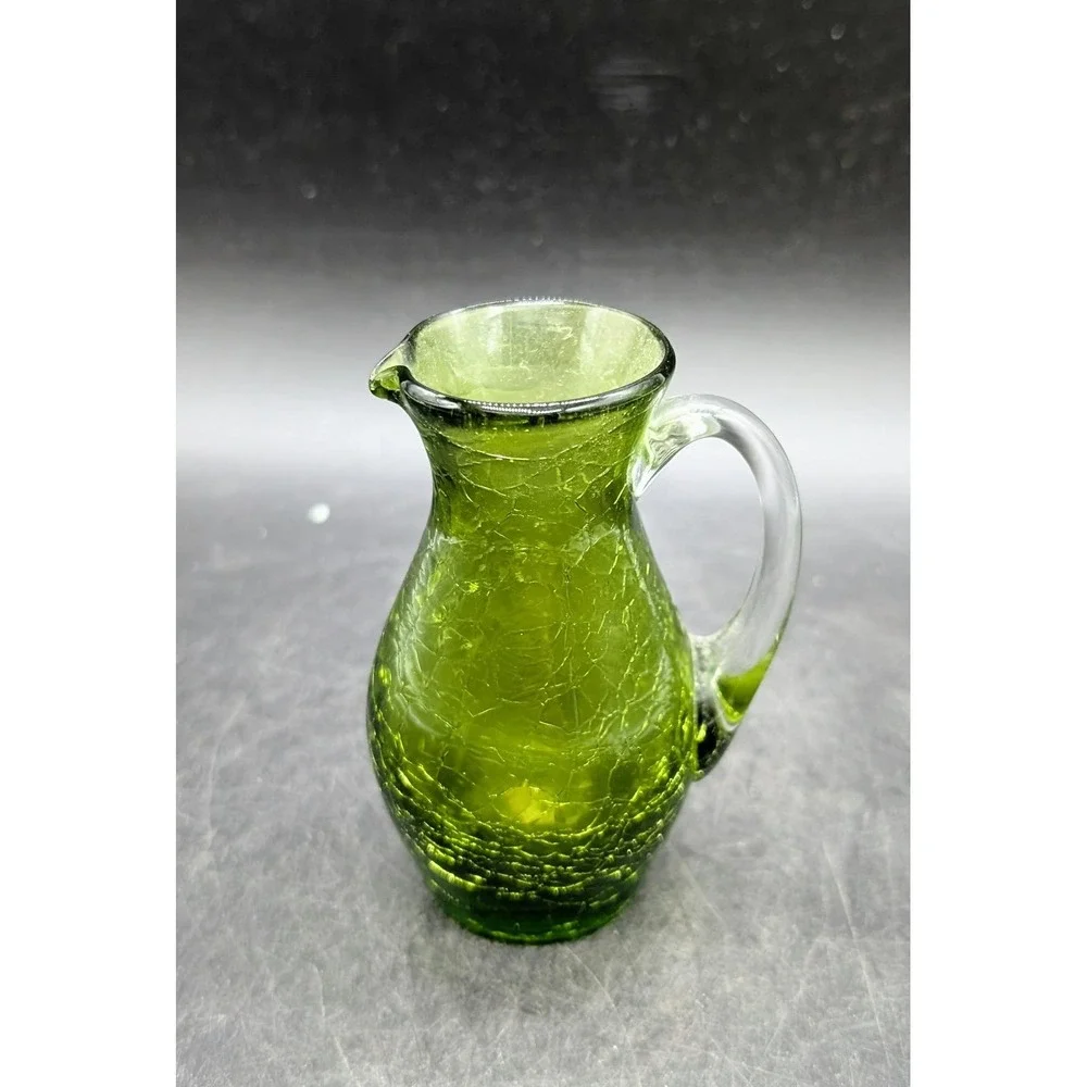 Vintage Green Crackle Glass Miniature Pitcher Hand Blown Art Glass Bud Vase MCM